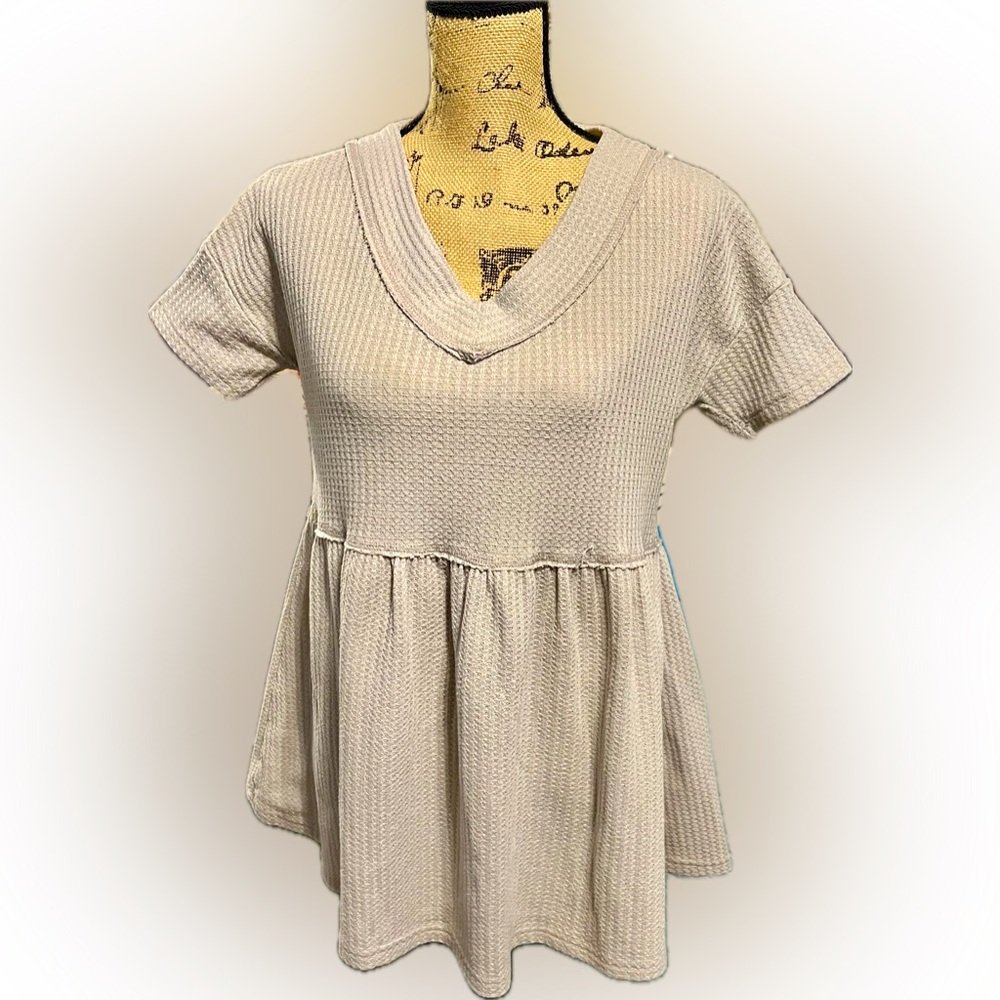 Shop Wanna B Waffle Top Size M Like New Gathered Short Sleeve Tan Baby Doll